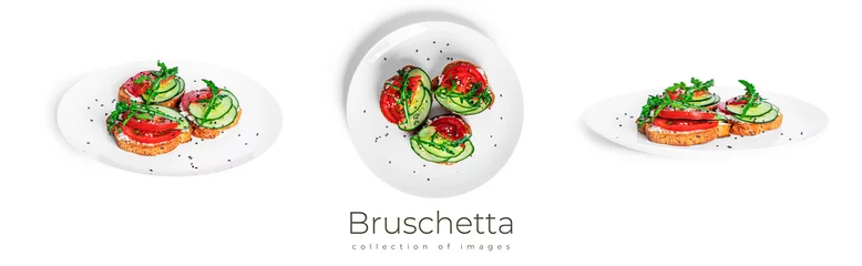Crédence de cuisine en verre imprimé Légumes frais Bruschetta with cream cheese, salmon and vegetables isolated on a white background. Toasts isolated. Sandwich isolated. Sandwich with salmon and cheese.