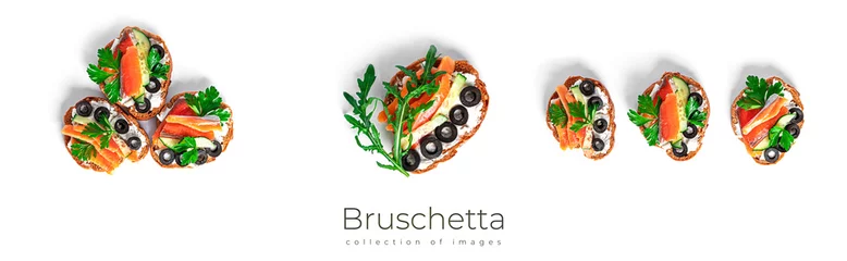 Crédence de cuisine en verre imprimé Légumes frais Bruschetta with cream cheese, salmon and vegetables isolated on a white background. Toasts isolated. Sandwich isolated. Sandwich with salmon and cheese.