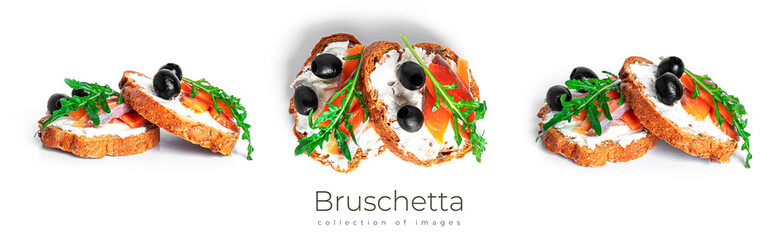 Bruschetta with cream cheese, salmon and vegetables isolated on a white background. Toasts isolated. Sandwich isolated. Sandwich with salmon and cheese.