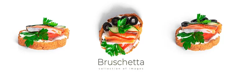 Papier Peint photo autocollant Légumes frais Bruschetta with cream cheese, salmon and vegetables isolated on a white background. Toasts isolated. Sandwich isolated. Sandwich with salmon and cheese.