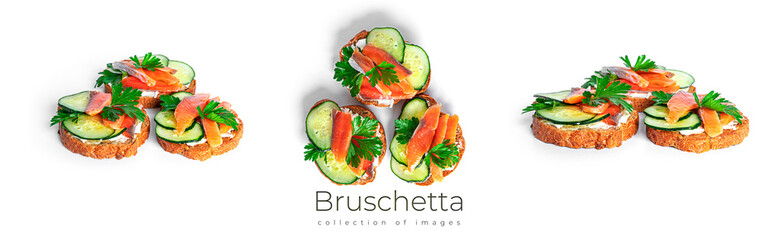 Bruschetta with cream cheese, salmon and vegetables isolated on a white background. Toasts isolated. Sandwich isolated. Sandwich with salmon and cheese.