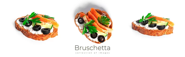 Papier Peint photo Lavable Légumes frais Bruschetta with cream cheese, salmon and vegetables isolated on a white background. Toasts isolated. Sandwich isolated. Sandwich with salmon and cheese.