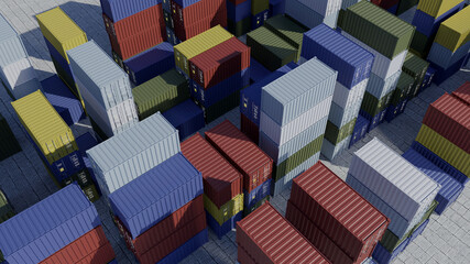 Containers for ship in harbor. Logistics. Shipping cargo at dock. Aerial view. 3d render