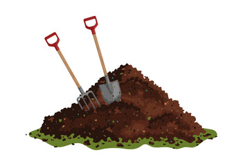 Hayfork and shovel in a pile of ground. One big brown heap of organic compost in side view isolated illustration - obrazy, fototapety, plakaty