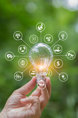 Light bulb Energy saving green nature background with icons 