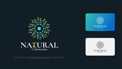 Luxurious Nature Floral Leaf Ornament Logo, Suitable for Spa, Beauty, Resort, or Cosmetic Product Brand Identity. Elegant Blue and Gold Mandala