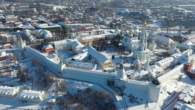 Winter view from a drone of the Trinity-Sergius Lavra and residential areas of the city of Sergiev Posad, Russia.