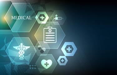 Technology hexagon medical wallpaper.Blue medical background with icons