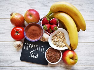 Assortment of foods high in prebiotics for healthy gut and digestive system. Prebiotics rich foods...