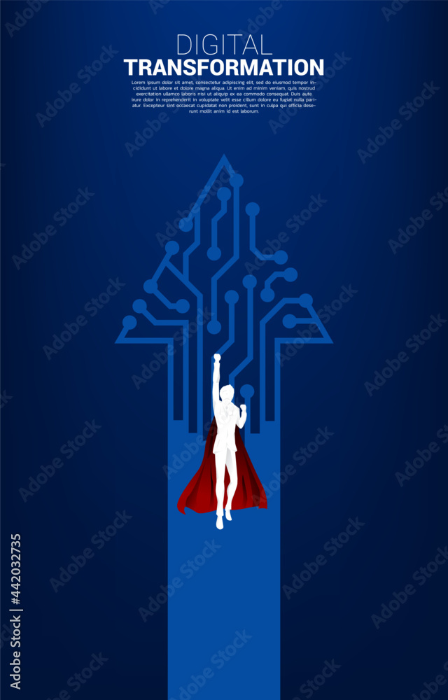 Aufkleber silhouette of businessman flying to higher with arrow from dot connect line circuit. concept of digi