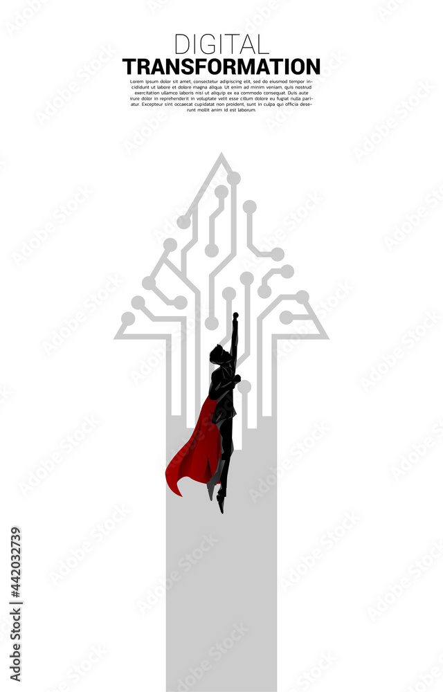 Poster Silhouette of businessman flying to higher with arrow from dot connect line circuit. concept of digital transformation of business.