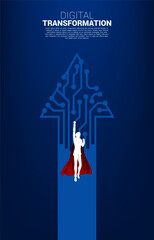 Silhouette of businessman flying to higher with arrow from dot connect line circuit. concept of digital transformation of business.