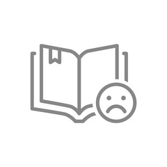 Open book with sad face line icon. Bad rating, dislike, reader review symbol