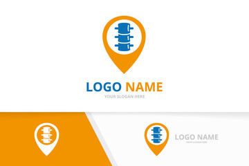 Vector spine and map pointer logo combination. Vertebral column and gps locator logotype design template.