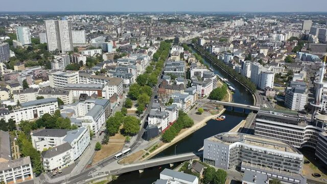 Panoramic view of Rennes city with modern apartment buildings , administrative center of Brittany region, France. High quality 4k footage