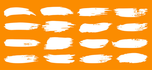 Obraz premium White smooth strokes of ink and paint on orange isolated background for text, frames, boxes, notebooks, design elements. Brush lines and textures for decoration. Hand drawn vector. Labels and stickers