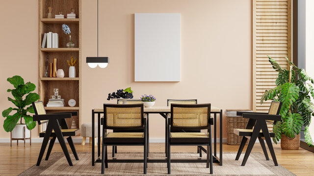 Mock up poster in modern dining room interior design with cream color empty wall.