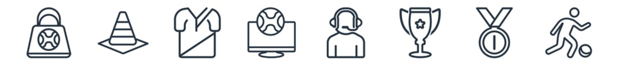 linear set of football outline icons. line vector icons such as sport bag, cone, tshirt, match, commentator, soccer player vector illustration.