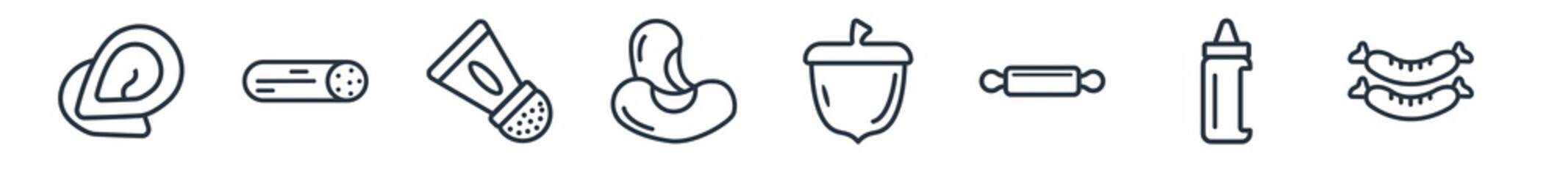 linear set of gastronomy outline icons. line vector icons such as oyster, salami, salt shaker, beans, nut, sausage vector illustration.