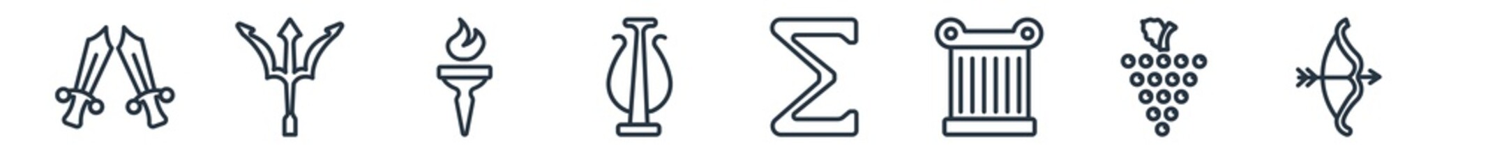 linear set of greece outline icons. line vector icons such as xifos, poseidon, sports torch, psi, sigma, artemis vector illustration.