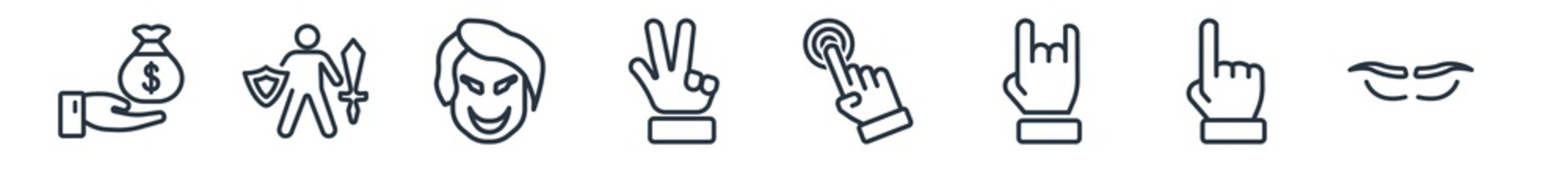 linear set of gestures outline icons. line vector icons such as money bag of dollars, warrior with sword and shield, joker face, hand gesture, pressing, brow vector illustration.