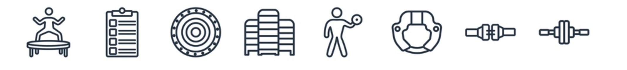 linear set of gym and fitness outline icons. line vector icons such as trampoline, to do list, weight drive, gym ladder, lifting weight with right arm, gymnastic roller vector illustration.