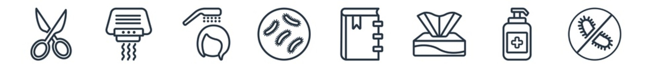 linear set of hygiene outline icons. line vector icons such as nail scissors, hand dryer, hair washing, pathogen, appointment book, antibacterial vector illustration.