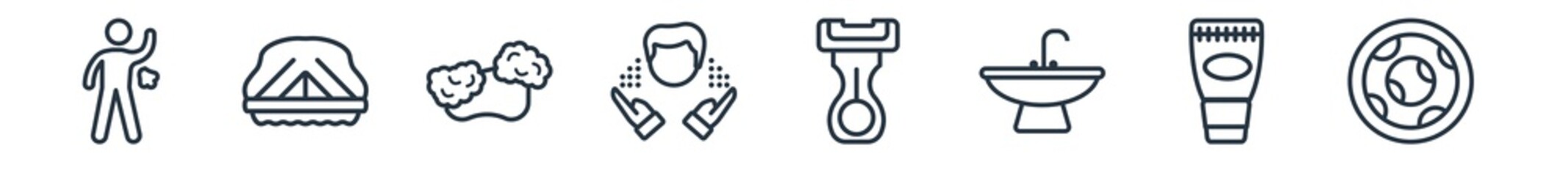 linear set of hygiene outline icons. line vector icons such as body odour, shower cap, lather, face washer, depilator, lens vector illustration.