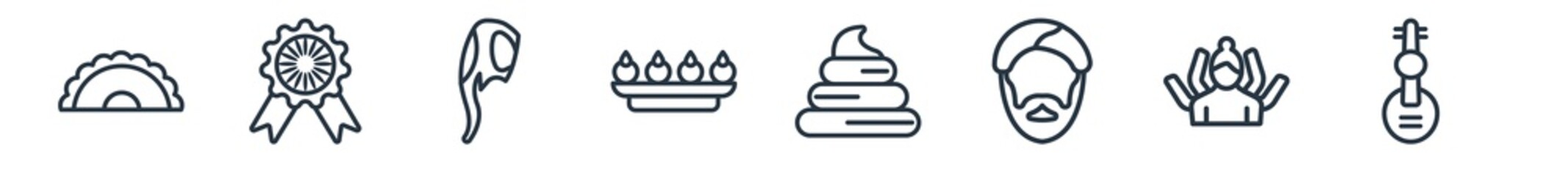 linear set of india and holi outline icons. line vector icons such as gujjia, india badge, indian elephant, sandesh, dung, veena vector illustration.