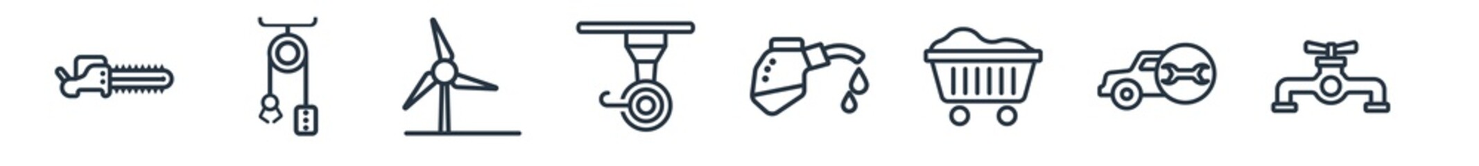 linear set of industry outline icons. line vector icons such as electric saw, sheave, eco windmill, uncoiler, fuel filling, pipes vector illustration.