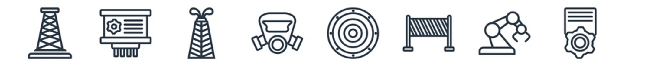 linear set of industry outline icons. line vector icons such as oil rig, planing, oil platform, safety mask, industrial tread, task vector illustration.