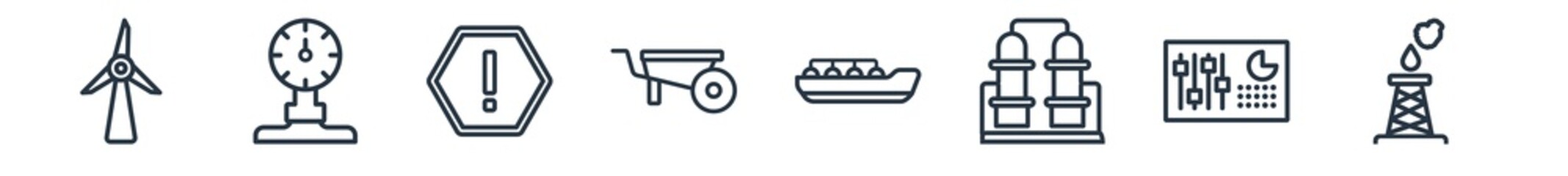 linear set of industry outline icons. line vector icons such as windmill, temperature, danger, pushcart, oil tanker, fossil fuels vector illustration.