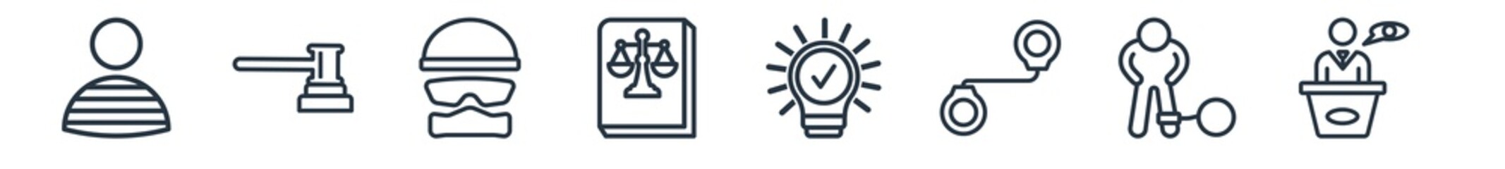 linear set of law and justice outline icons. line vector icons such as prisoner, court trial, swat, labour and social law, intellectual property, witness vector illustration.