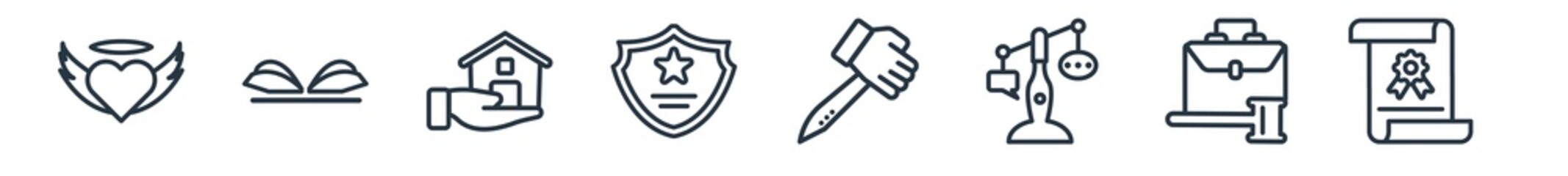 linear set of law and justice outline icons. line vector icons such as innocent, criminal record, property and finance, police badge, murder, legal paper vector illustration.