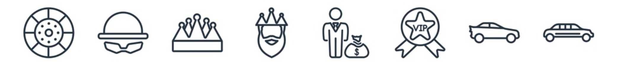 Obraz premium linear set of luxury outline icons. line vector icons such as clutch, ganster, crown, king, rich man, limousine vector illustration.