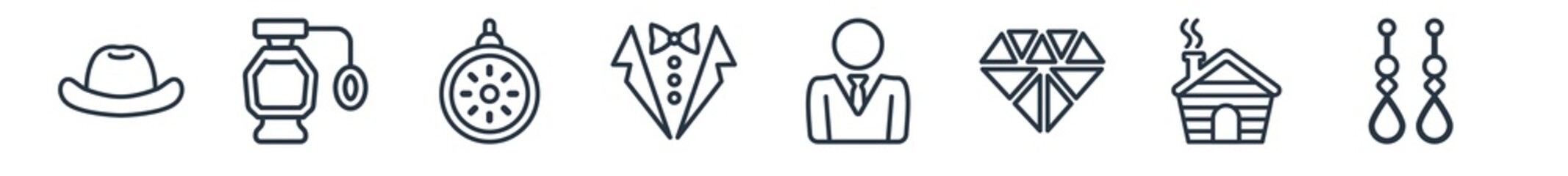 Fototapeta premium linear set of luxury outline icons. line vector icons such as fedora hat, fragrance, pocket watch, tuxedo, business man, earrings vector illustration.