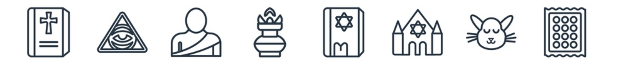 linear set of religion outline icons. line vector icons such as gospel, cao dai, monk, kalasha, torah book, matzo vector illustration.