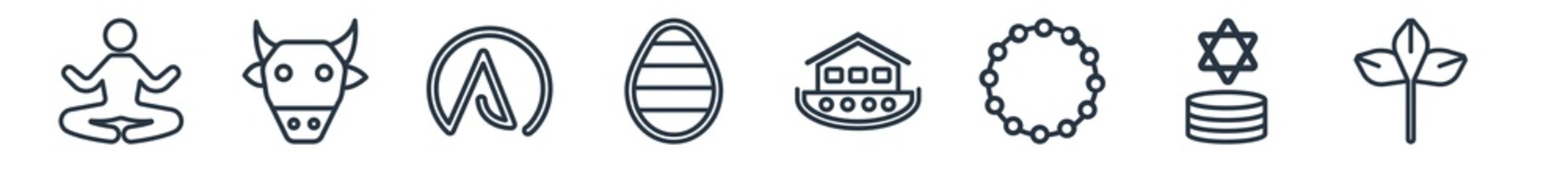 linear set of religion outline icons. line vector icons such as lotus position, sac cow, atheism, easter eggs, noah ark, bael tree vector illustration.