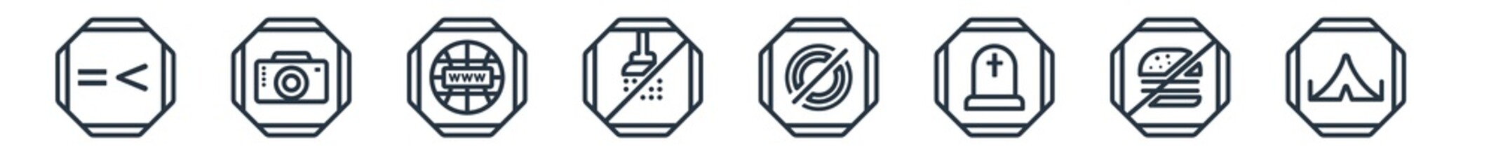 linear set of signs outline icons. line vector icons such as is less than or equal to, camera, internet, no shower, empty set, tent vector illustration.