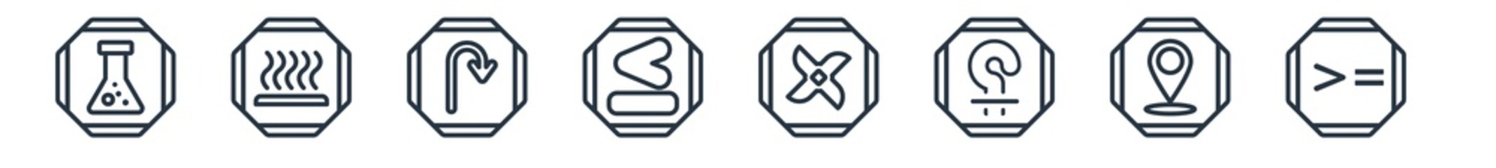 linear set of signs outline icons. line vector icons such as chemical products, heat, bridge, is less than, gross dark cross, is greater than or equal to vector illustration.