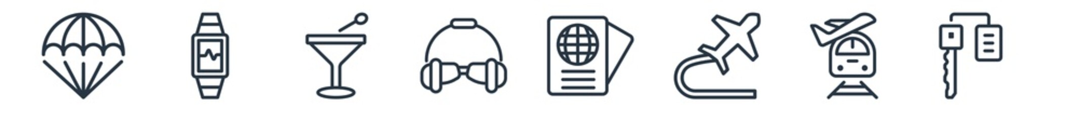 linear set of airport terminal outline icons. line vector icons such as parachute open, modern wirstwatch, martini with olive, aeroplane pilot glasses, two passports, key with key chain vector