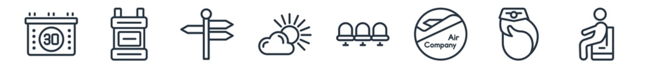 linear set of airport terminal outline icons. line vector icons such as calendar day thirty, big backpack, direction post, sunny day, waiting place, waiting for flight vector illustration.