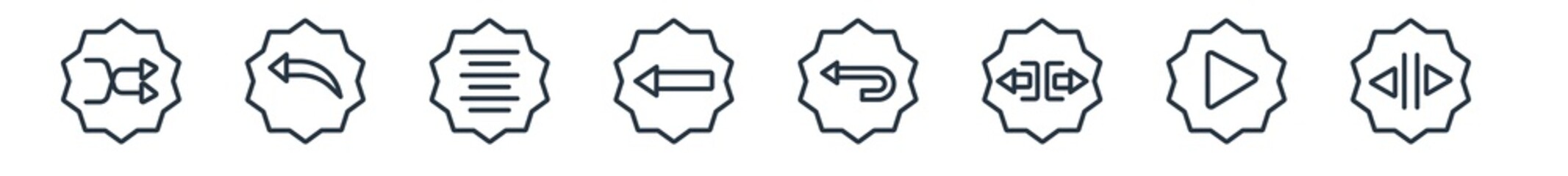linear set of arrows outline icons. line vector icons such as shuffle, left curve arrow, center align, left arrow, return, horizontal resize vector illustration.