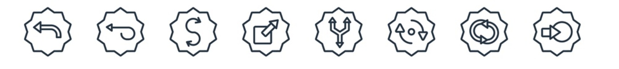 linear set of arrows outline icons. line vector icons such as backward arrow, curved left arrow, double curve arrow, exit top right, split triangle, enter up vector illustration.