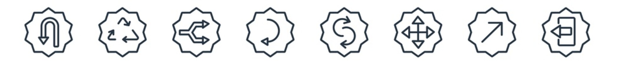 linear set of arrows outline icons. line vector icons such as u turn arrow, three curved arrows, split arrows, left curve, suffle, exit right vector illustration.