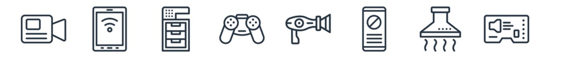 linear set of electronic devices outline icons. line vector icons such as video recorder, devices, copy machine, joystick, blow dryer, sound card vector illustration.
