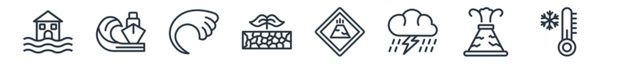 linear set of meteorology outline icons. line vector icons such as flooding house, boat capsizes, tsunami wave, plant on drought, volcano warning, cold temperature vector illustration.