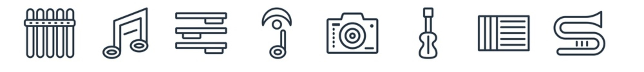 linear set of music outline icons. line vector icons such as panpipe, quaver, whole rest, fermata, photo camera, trombone vector illustration.
