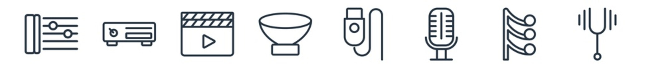 linear set of music outline icons. line vector icons such as repeat, amplifier, clapperboard play button, timpani, charging plug, diapason vector illustration.