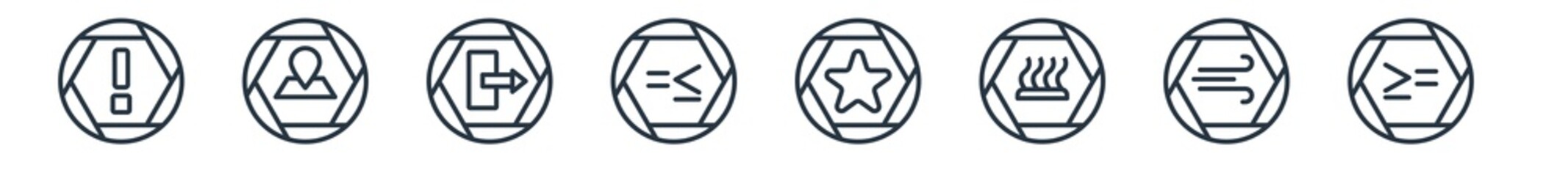 linear set of signs outline icons. line vector icons such as exclamation mark, maps and location, exit right arrow, is less than or equal to, favourite star, is greater than or equal to vector